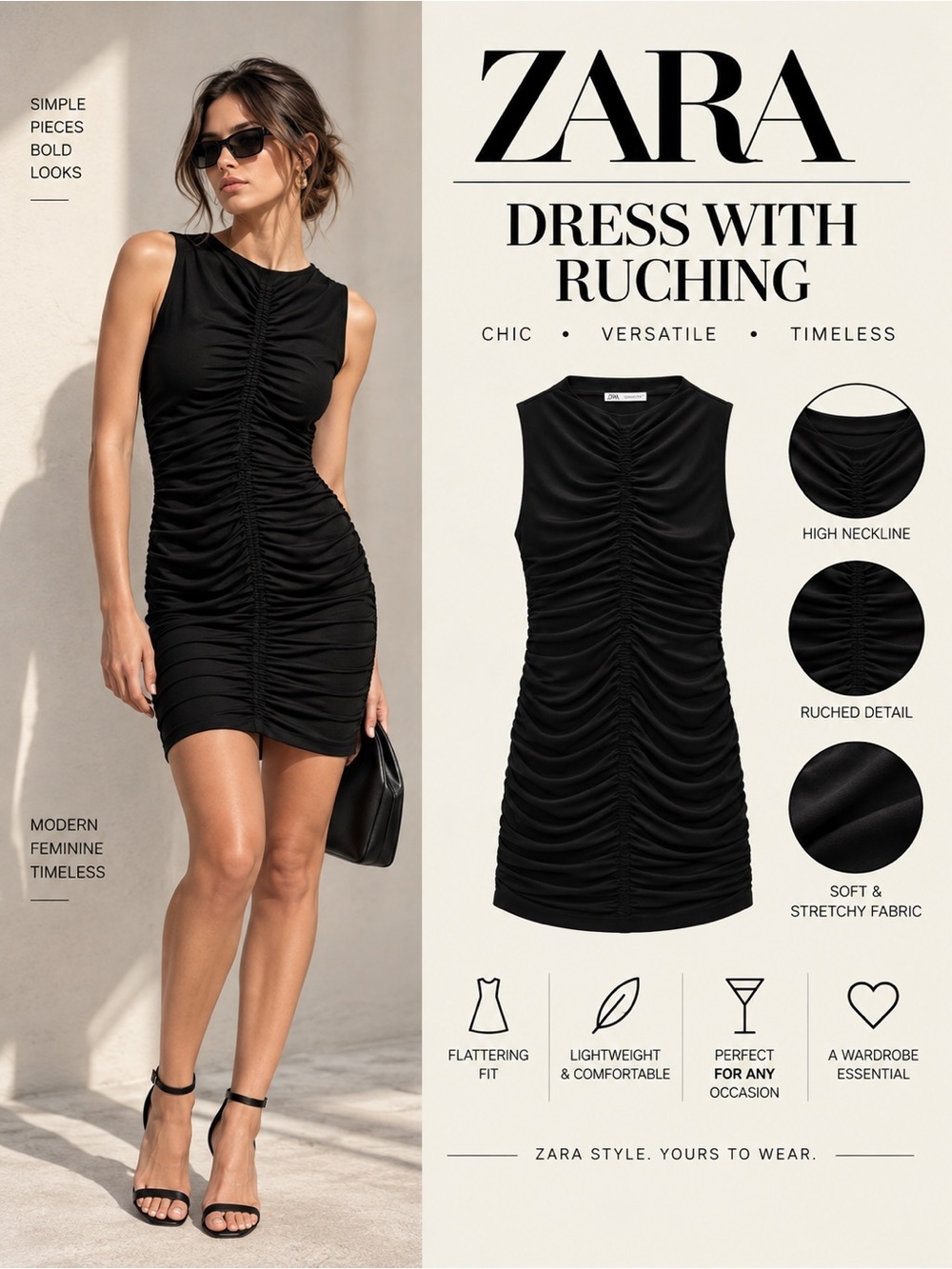 ZARA Black Ruched Bodycon Mini Dress Size L NWT 5039/597